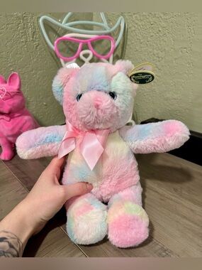 Pastel Rainbow Plush Bear with Pink Satin Bow - The Bearington Collection